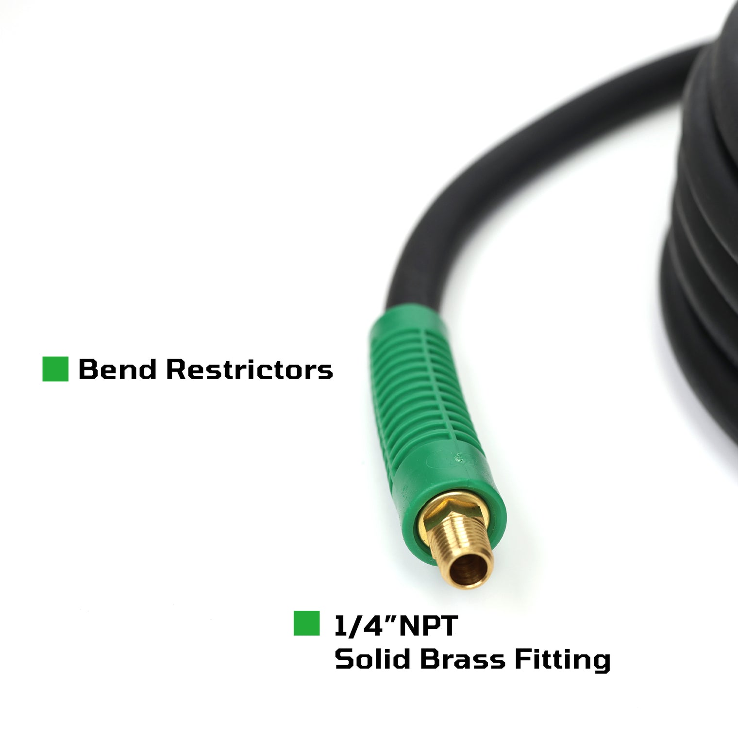 3/8" x 50 ft Premium Rubber Air Hose 1/4" Male Pipe Thread Fittings & Bend Restictors.