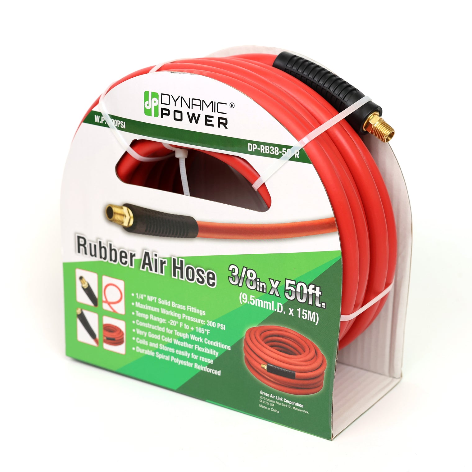 3/8" x 50' Rubber Air Hose 1/4" Male Pipe Thread Fittings & Bend Restictors