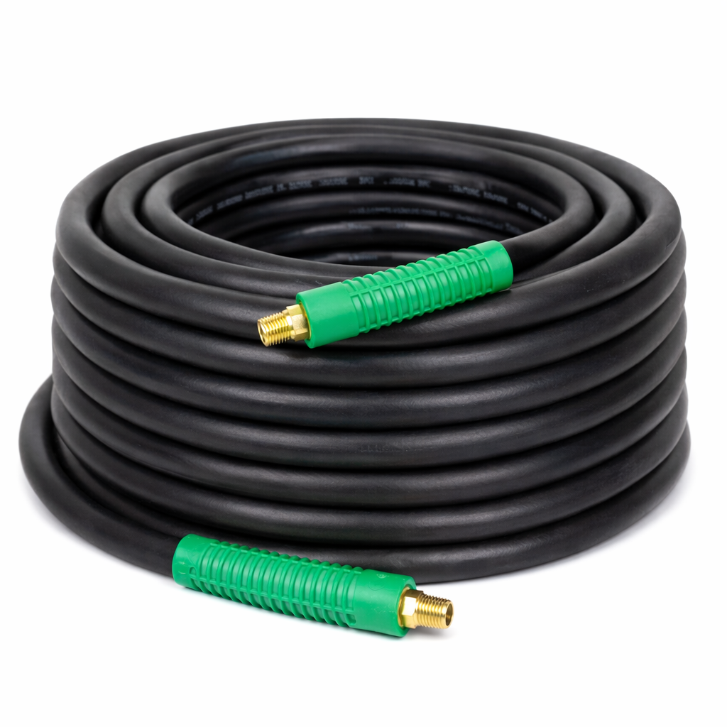 3/8" x 50 ft Premium Rubber Air Hose 1/4" Male Pipe Thread Fittings & Bend Restictors.