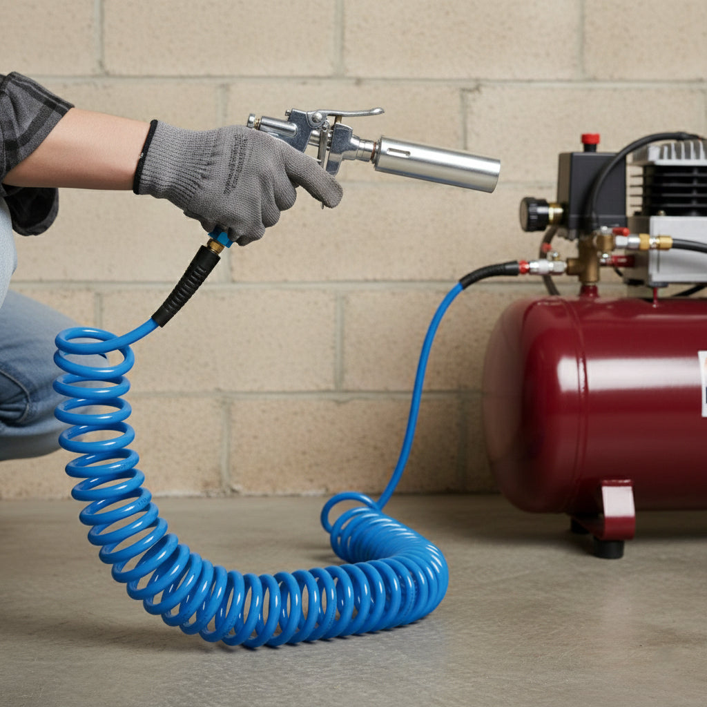 25ft PU Recoil Air Hose With 1/4" MNPT Swivel Ends And Bend Restrictor Fittings