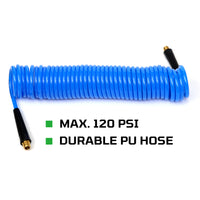 25ft PU Recoil Air Hose With 1/4" MNPT Swivel Ends And Bend Restrictor Fittings